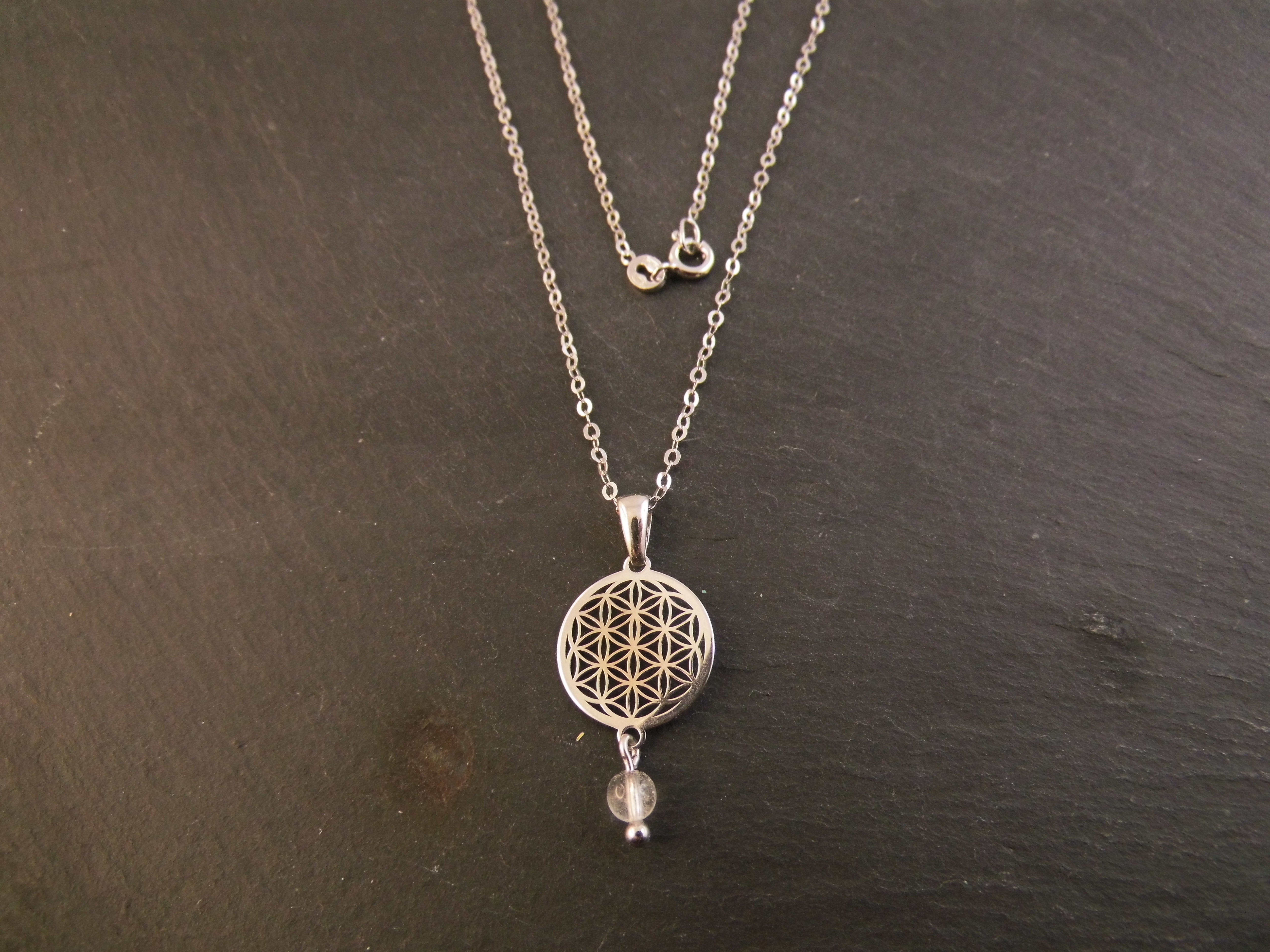 925er Echt Silber Kette rhodiniert Blume des Lebens mit Bergkristall